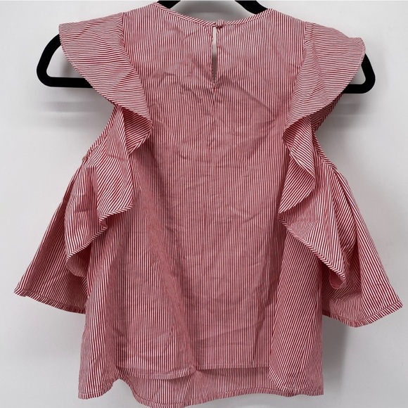 Club Monaco Hamisi Ruffle Stripe Cold Shoulder Top Red White XS - Picture 10 of 13